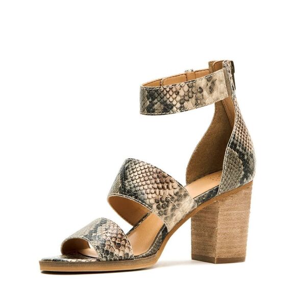 New! FRYE Bryn Stitch Snakeprint Leather Sandals Open-Toe Shoe 3 inch Block Heel - Picture 2 of 11